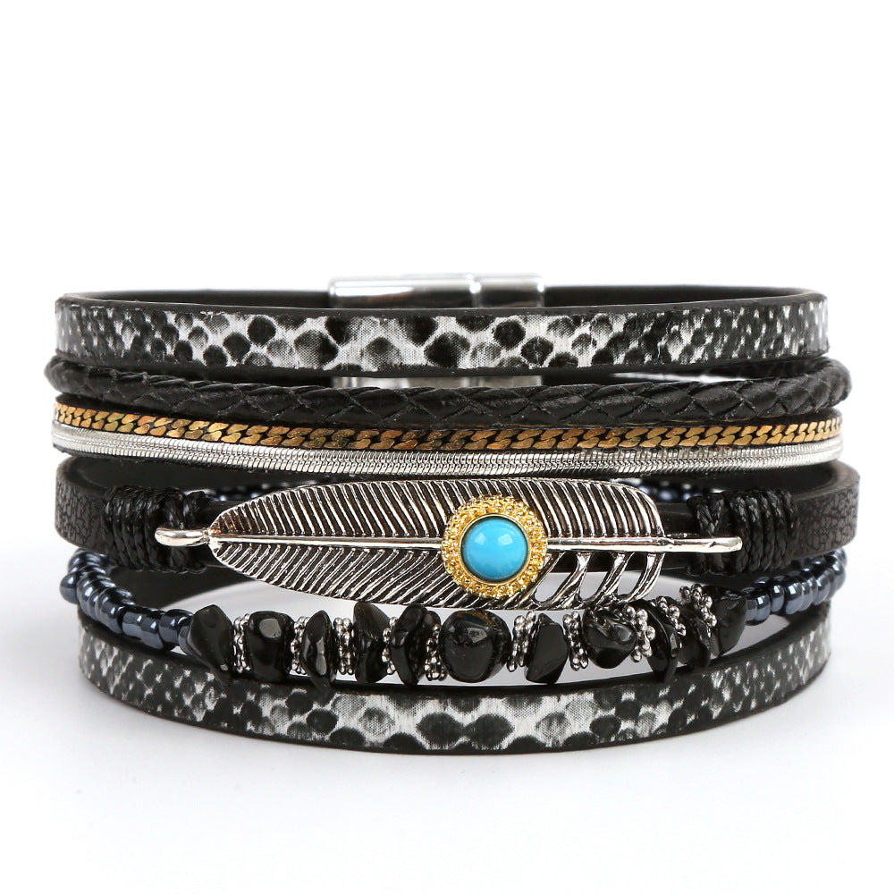 Wholesale Retro Ethnic Style Woven Turquoise Multi-layer Bohemian Magnet Buckle Feather Bracelet